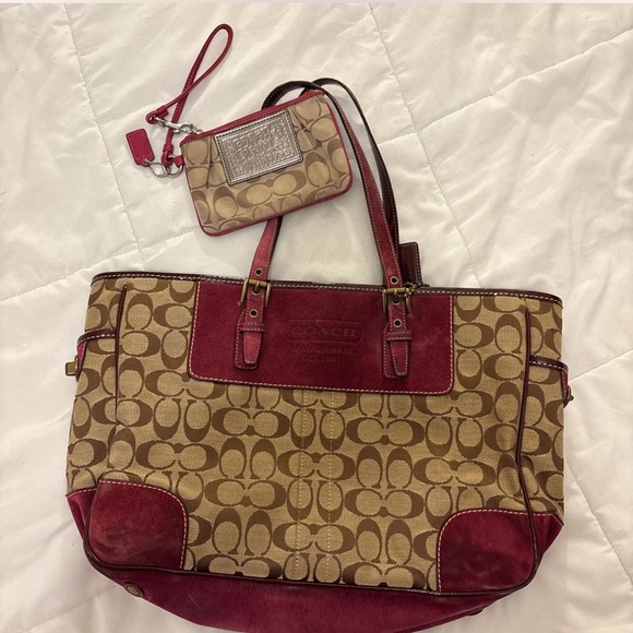 Coach Handbags - Coach Signature Canvas Tote Bag - Tan and Red